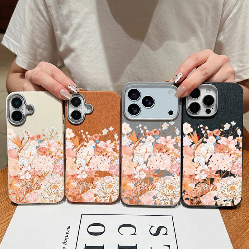 Leather Texture TPU Phone Case For iPhone 17 16 15 Pro Max 14 15 Plus 13 12 Pro Max 11 Air Pink Flowers Printed Soft Back Cover