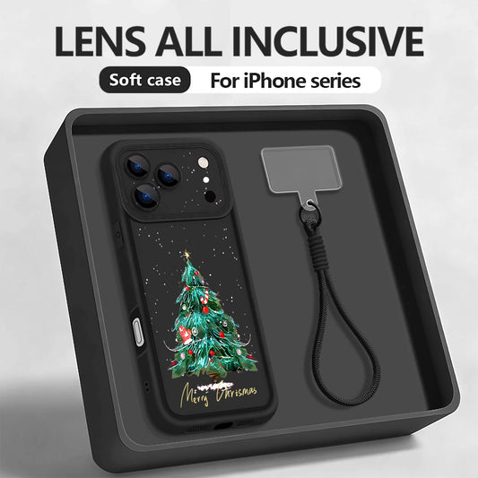 Soft TPU Lanyard Phone Case For iPhone 17 Pro Max Air 16E 16 14 15 Pro 12 13 Pro Max 11 Christmas Tree Pattern Wrist Strap Cover
