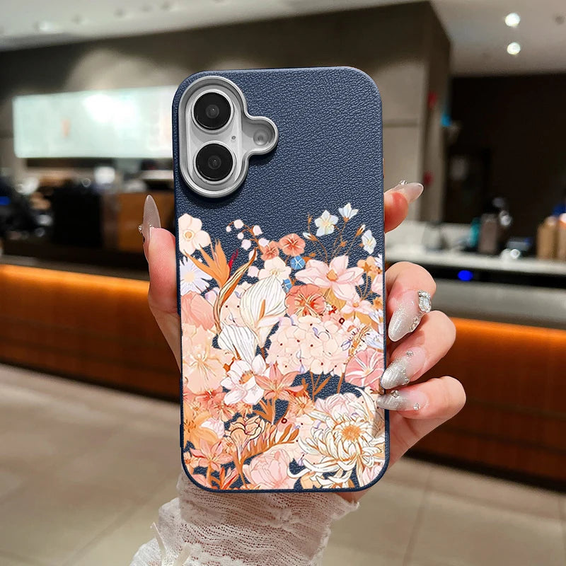 Leather Texture TPU Phone Case For iPhone 17 16 15 Pro Max 14 15 Plus 13 12 Pro Max 11 Air Pink Flowers Printed Soft Back Cover