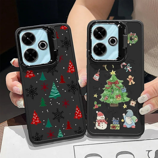 Mini Christmas Tree Pattern Lens Frame Holder Case For Xiaomi Redmi Note 13 12 11 Pro 5G 13C 4G Kickstand Soft TPU Phone Cover