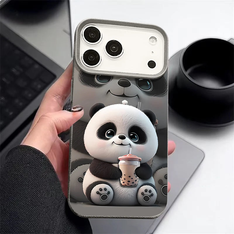 Cartoon Panda Printed TPU Phone Case For iPhone 17 16e 16 15 Pro Max 14 13 12 Pro Max 11 Air Soft Leather Texture Silicone Cover