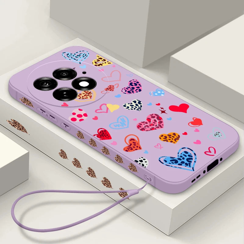 Lanyard Soft TPU Phone Case For OnePlus 15 13 13T 12 13R 12R 11R Nord 5 Ace 5 3 2 5G Colorful Love Heart Printed Silicone Cover