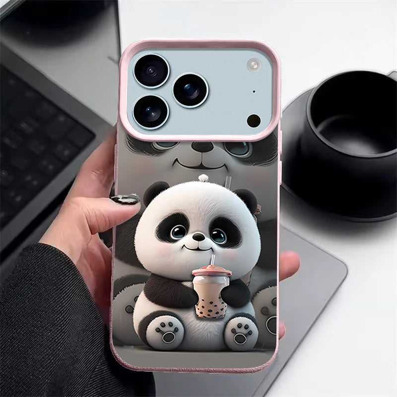 Cartoon Panda Printed TPU Phone Case For iPhone 17 16e 16 15 Pro Max 14 13 12 Pro Max 11 Air Soft Leather Texture Silicone Cover