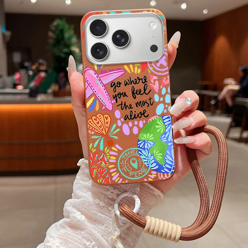 Wrist Strap Lanyard Phone Case For iPhone 17 16 15 Pro Max 14 15 Plus 13 12 Pro Max 11 Air Creative Pattern Soft Silicone Cover