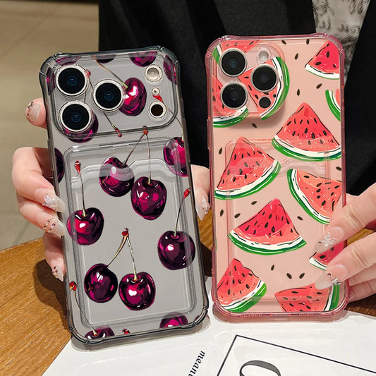 Card Slot Pocket TPU Case For iPhone 17 16 Pro 15 14 13 Pro Max 11 Shockproof Cartoon Fruits Pattern Soft Silicone Phone Cover