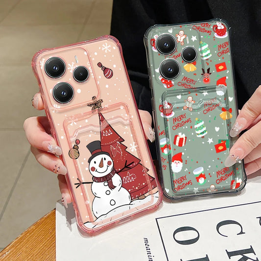 Card Pocket Soft TPU Phone Case For Xiaomi Redmi Note 14 Pro Plus 5G Note 13 12 Pro 14C 13C 4G Christmas Snowman Printed Cover