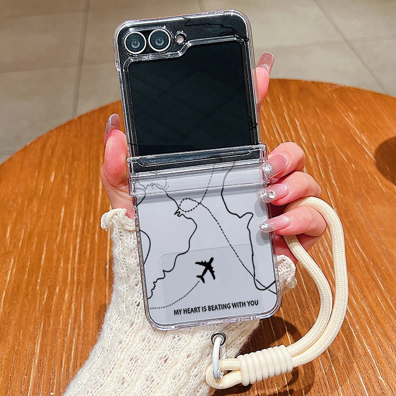 Wrist Strap Lanyard Phone Case For Samsung Galaxy Z Flip7 Flip6 Flip5 Flip4 Flip 7 FE 6 5 4 3 5G Airplane Pattern Folding Cover