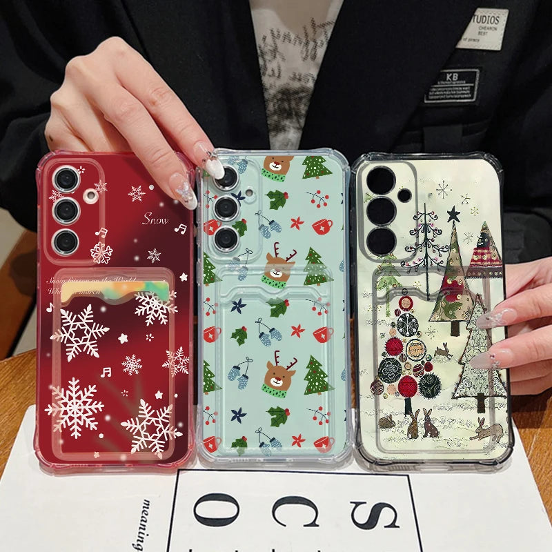 Card Pocket TPU Phone Case For Samsung Galaxy S25 S24 S23 Ultra S24 S23 S25 FE S22 S21 Plus Christmas Tree Printed Soft Cover
