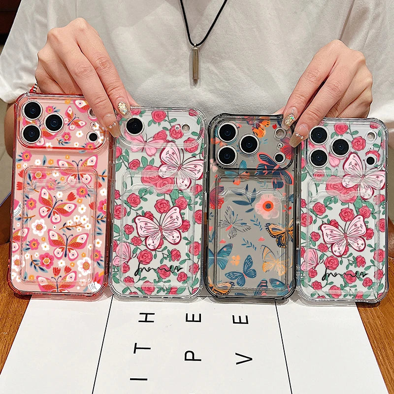 Card Slot Pocket Case For iPhone 17 16 Pro 15 14 13 Pro Max 11 Shockproof Pink Butterfly Pattern Soft Silicone Clear Phone Cover