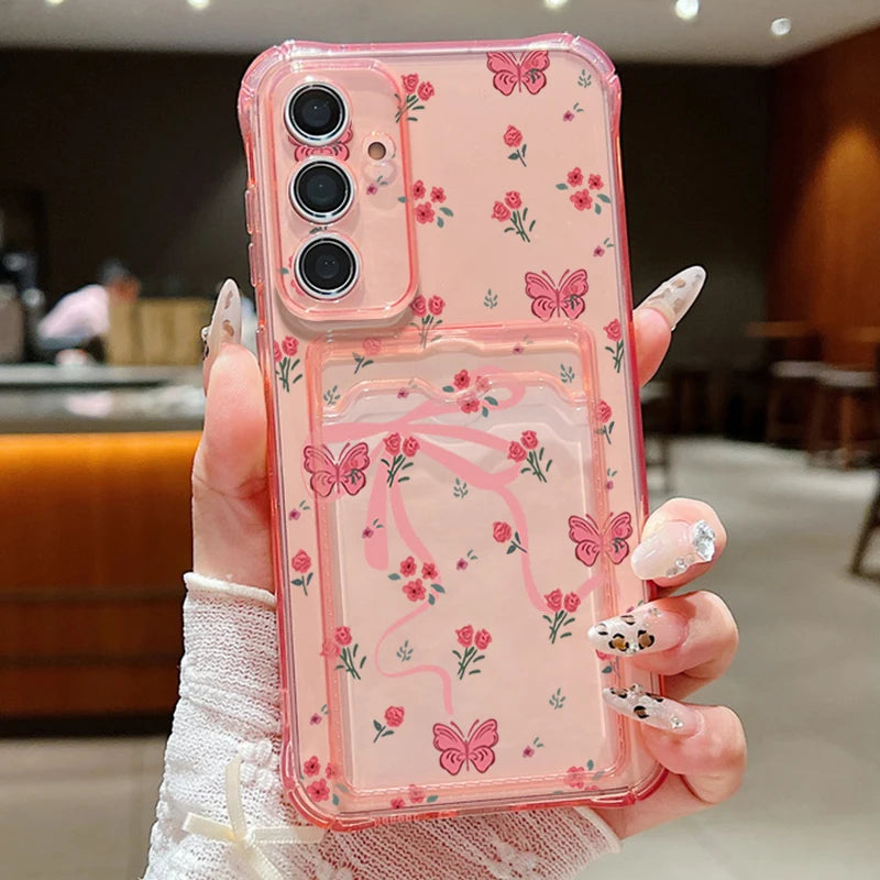 Card Slot Pocket Case For Samsung Galaxy S25 Edge S24 Ultra S23 S24 FE A56 A55 A25 A16 A15 A36 5G Pink Bowknot Printed TPU Cover