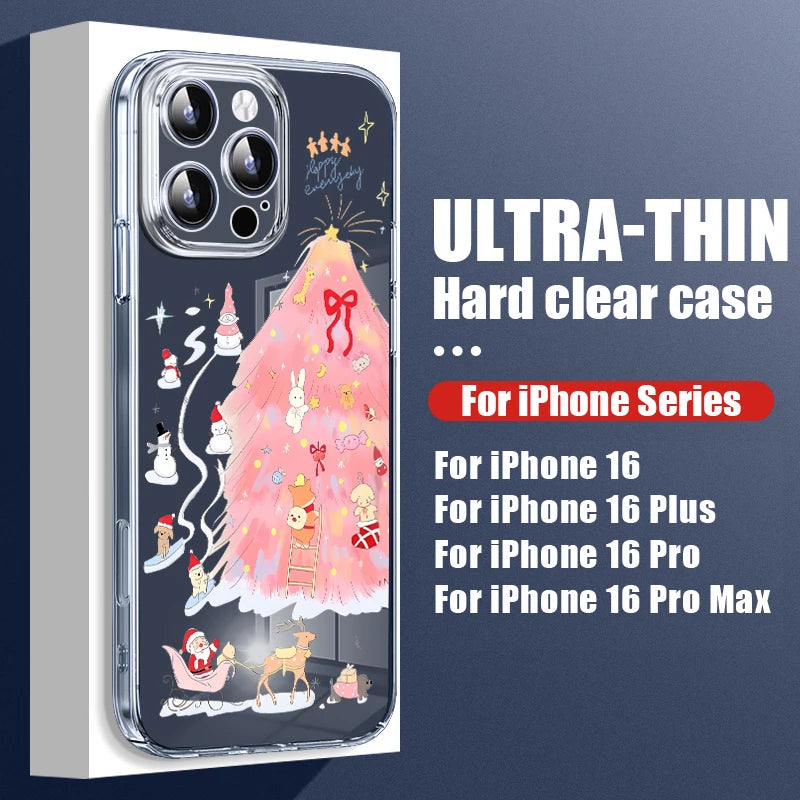 Transparent Hard PC Case For iPhone 17 Pro Air 15 14 13 12 16 Pro Max 16e 11 Crystal Clear Christmas Elk Pattern Phone Cover