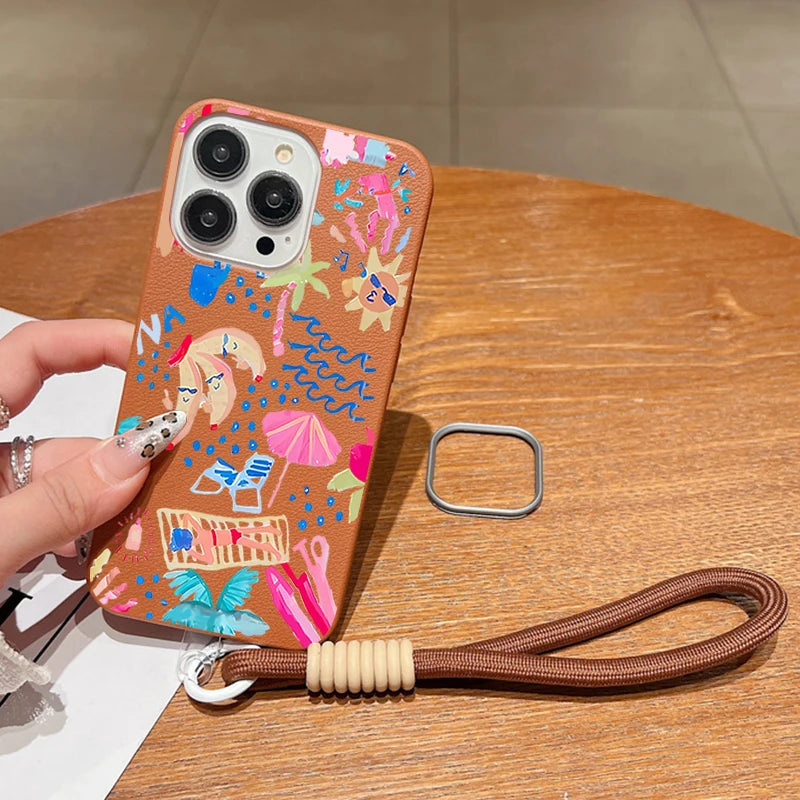 Wrist Strap Lanyard Phone Case For iPhone 17 16 15 Pro Max 14 15 Plus 13 12 Pro Max Air Summer Vacation Printed TPU Back Cover