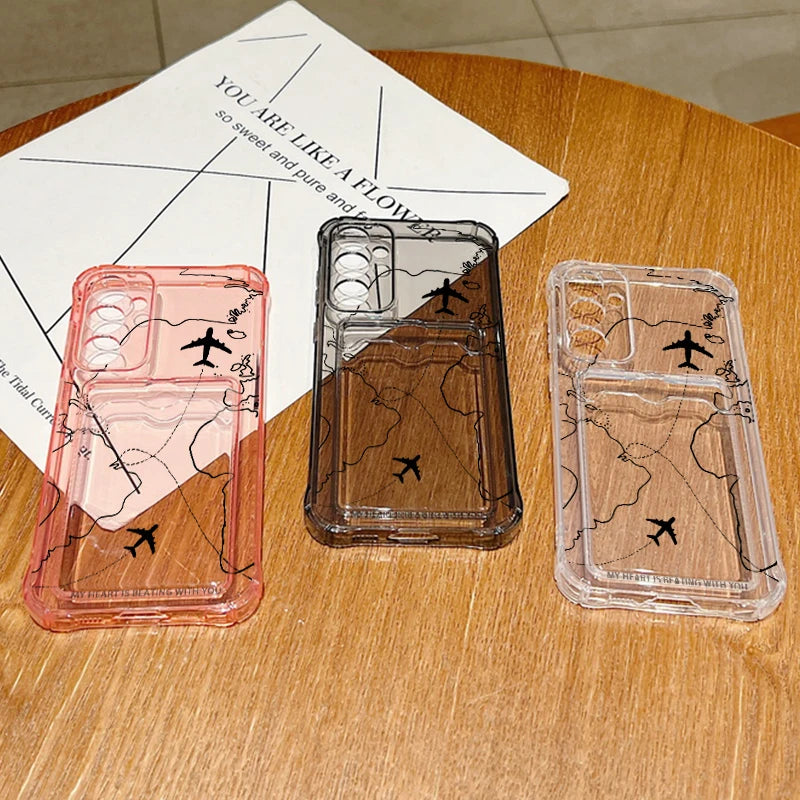 Air Route Card Bag Wallet Case For Samsung Galaxy S25 S24 S22 Ultra S23 FE A55 A35 A25 A15 A16 5G A06 A05 Soft TPU Phone Cover