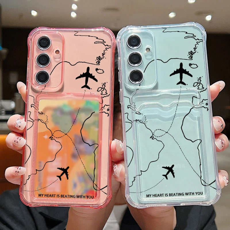 Air Route Card Bag Wallet Case For Samsung Galaxy S25 S24 S22 Ultra S23 FE A55 A35 A25 A15 A16 5G A06 A05 Soft TPU Phone Cover