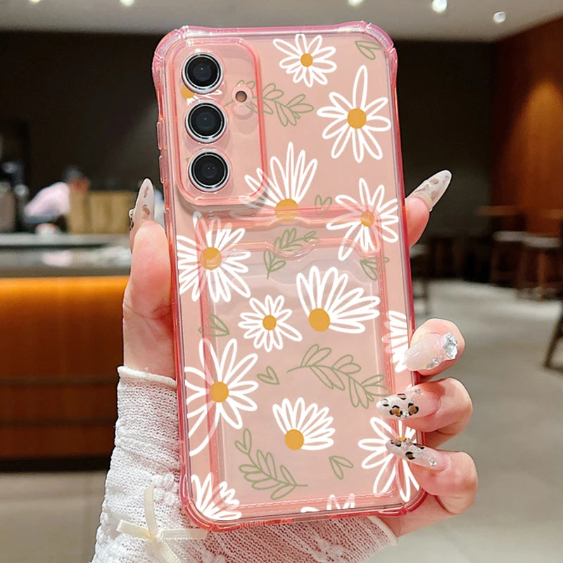 Card Slot Pocket Case For Samsung Galaxy A56 A55 A25 A16 A15 A36 5G S25 Edge S24 Ultra S23 S24 FE Cartoon White Flower TPU Cover