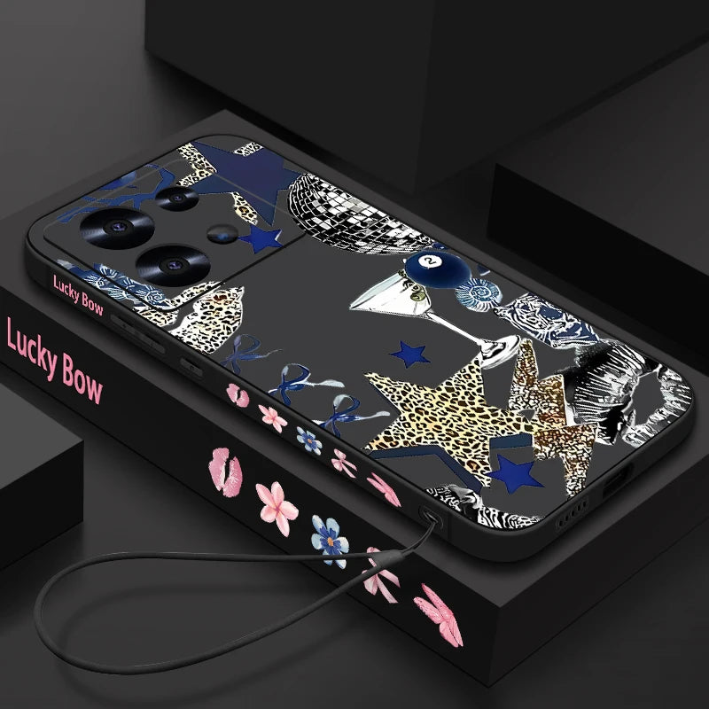 Five Pointed Star Printed Phone Case For Xiaomi Redmi Note 14 13 12 Pro 4G Note 13 14 Pro Plus 5G 13C 11 Pro Lanyard TPU Cover