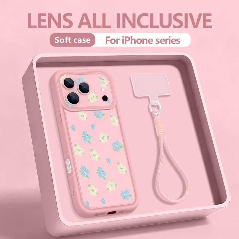 Wrist Strap Lanyard Phone Case For iPhone 17 Pro Max Air 16E 16 14 15 Pro 12 13 Pro Max 11 White Flowers Printed Soft TPU Cover