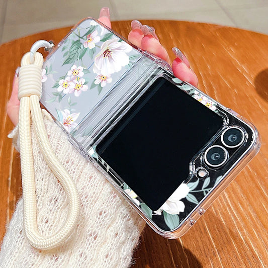 Wrist Strap Lanyard Phone Case For Samsung Galaxy Z Flip7 Flip6 Flip5 Flip4 Flip 7 FE 6 5 3 5G White Flower Pattern Clear Cover