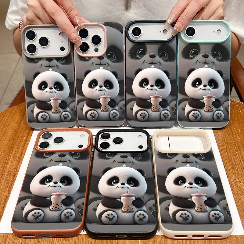 Cartoon Panda Printed TPU Phone Case For iPhone 17 16e 16 15 Pro Max 14 13 12 Pro Max 11 Air Soft Leather Texture Silicone Cover