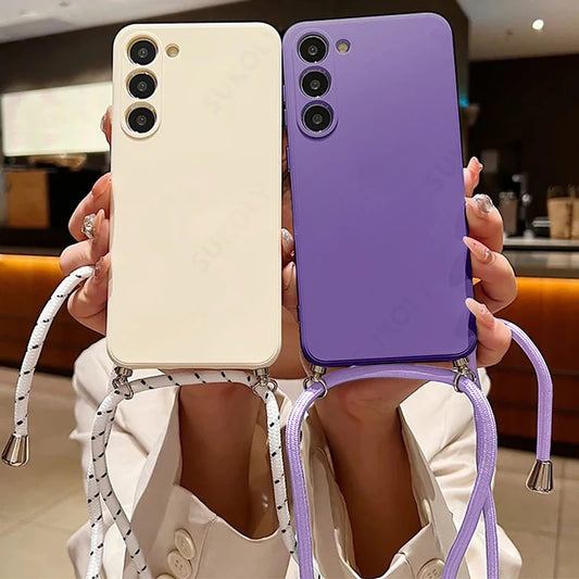 Crossbody Lanyard Case For Samsung Galaxy S23 S25 S24 Ultra S24 S25 FE A17 A55 A54 A56 5G A16 Liquid Silicone Soft Phone Cover