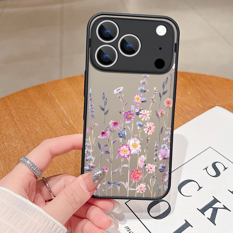Matte Case For iPhone 17 Air 16e 16 15 14 Pro Max 13 12 17 Pro 11 Shockproof Soft Edge Hard PC Flower Printing Phone Cover Cases
