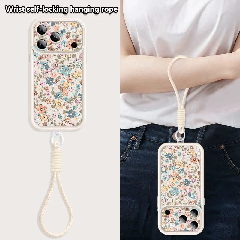 Wrist Strap Lanyard Phone Case For iPhone 17 Pro Max Air 16E 16 14 15 Pro 12 13 Pro Max 11 Blue White Flower Printed TPU Cover