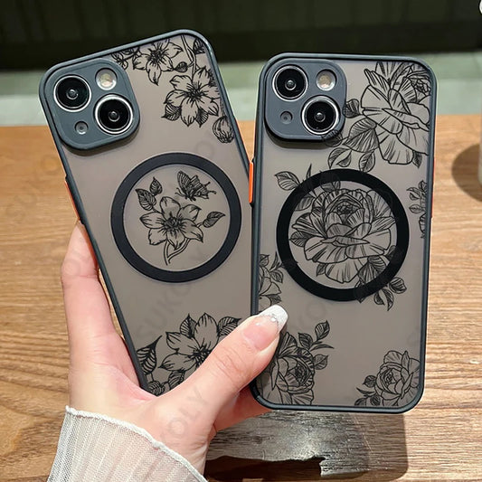 Flowers Pattern For iPhone 17 16e 16 15 14 Pro 13 12 11 Pro Max Air Case For Magsafe Wireless Charging Matte Hard Phone Cover