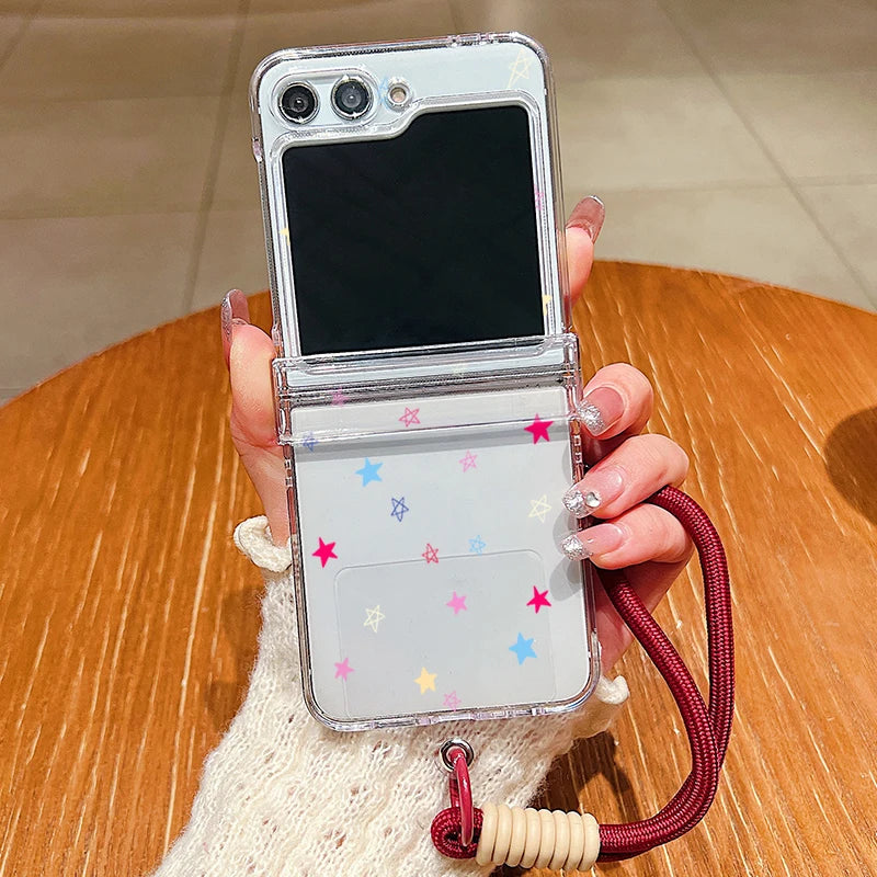 Wrist Strap Lanyard Phone Case For Samsung Galaxy Z Flip7 Flip6 Flip5 Flip4 Flip 7 FE 6 5 4 3 5G Tiny Hearts Pattern Back Cover