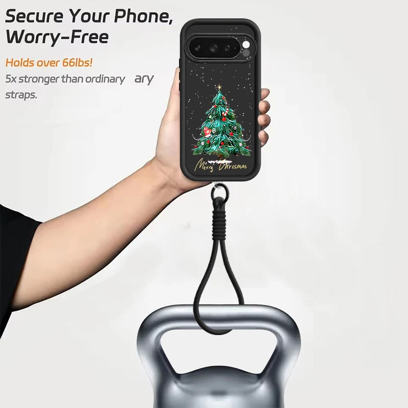 Christmas Tree Pattern Phone Case For Google Pixel 10 8 7 Pro 8A Pixel 9 Pro XL Soft TPU Wrist Strap Lanyard Silicone Back Cover