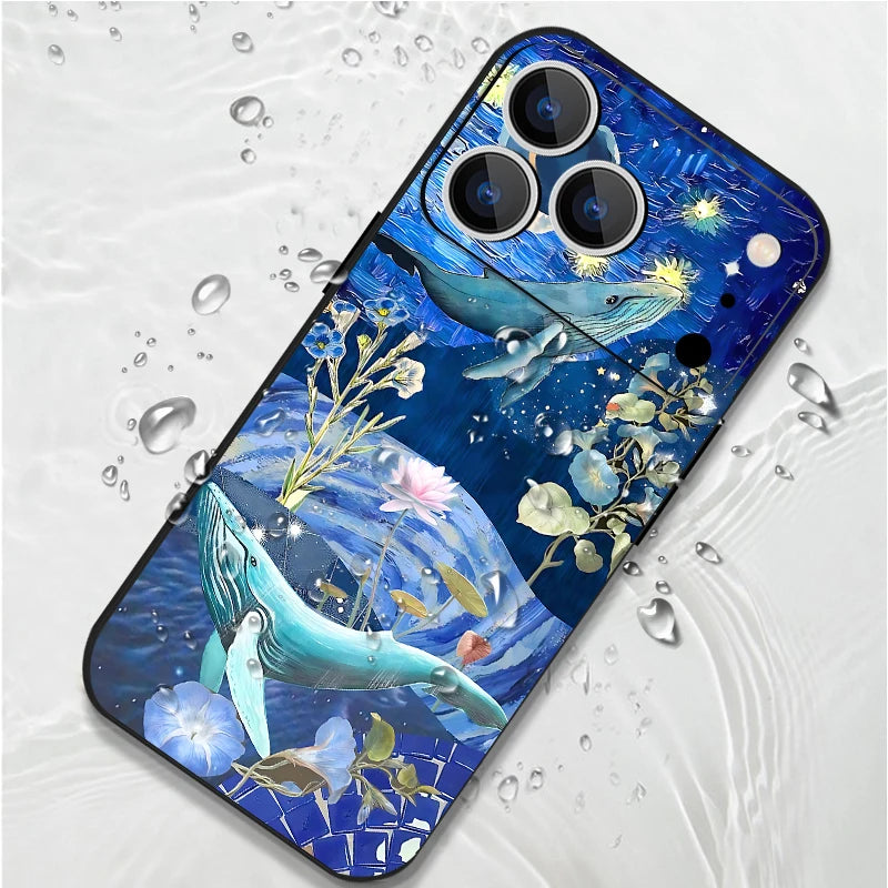 Wrist Strap Lanyard TPU Phone Case For iPhone 17 16 15 Pro Max 12 13 14 Pro Max Air 11 Dreamy Ocean Printed Soft Silicone Cover