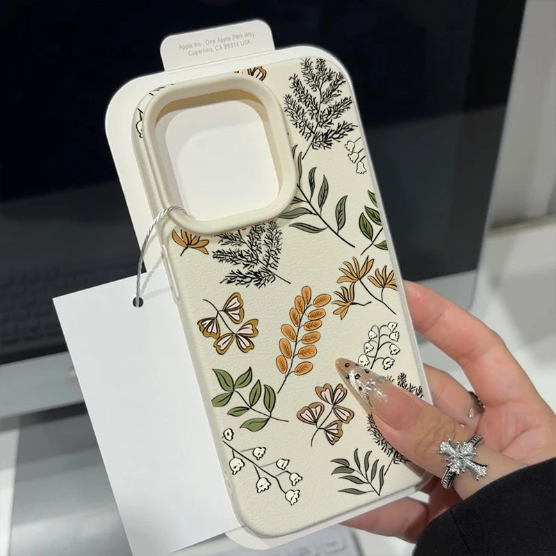 Leaves Pattern Soft Case For iPhone 17 Air 16e 16 15 14 13 12 Pro Max 11 Luxury Leather Texture TPU Silicone Phone Cover Fundas