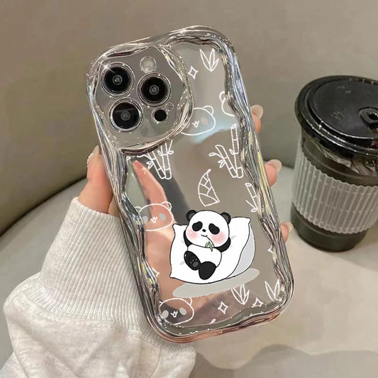 Curvy Wave Plating Mirror Phone Case For iPhone 15 14 13 Pro Max 12 11 Cute Panda Pattern Electroplated Shockproof TPU Cover