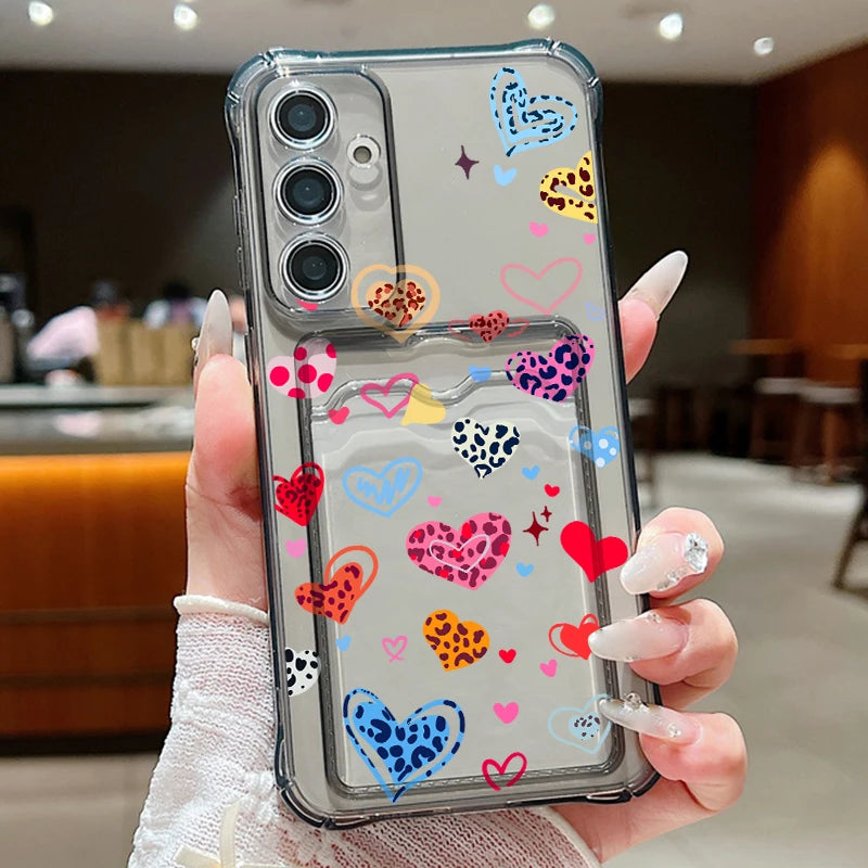 Card Pocket TPU Phone Case For Samsung Galaxy S25 S24 S23 Ultra S24 S23 S25 FE S22 Plus Leopard Print Love Heart Pattern Cover