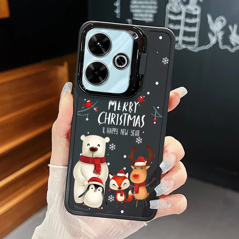 Lens Frame Holder Soft TPU Case For Xiaomi Redmi Note 13 Pro 12 11 Pro 5G 13C 4G Merry Christmas Pattern Kickstand Phone Cover