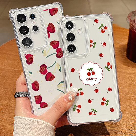 Clear Case For Samsung Galaxy S25 Edge S24 S23 S22 Ultra S24 S21 FE A56 A55 A16 A15 5G Red Cherry Pattern Soft TPU Phone Cover