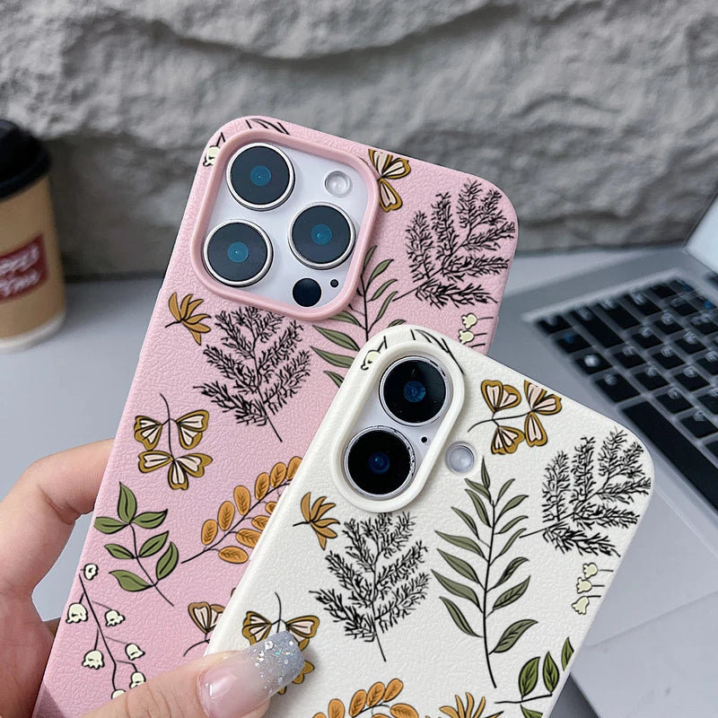 Leaves Pattern Soft Case For iPhone 17 Air 16e 16 15 14 13 12 Pro Max 11 Luxury Leather Texture TPU Silicone Phone Cover Fundas