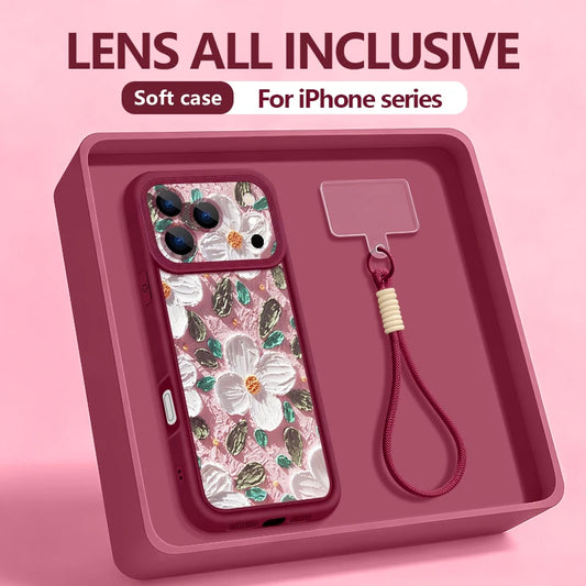 Wrist Strap Lanyard Phone Case For iPhone 17 Pro Max Air 16E 16 14 15 Pro 12 13 Pro Max 11 Oil Painting Flower Pattern TPU Cover