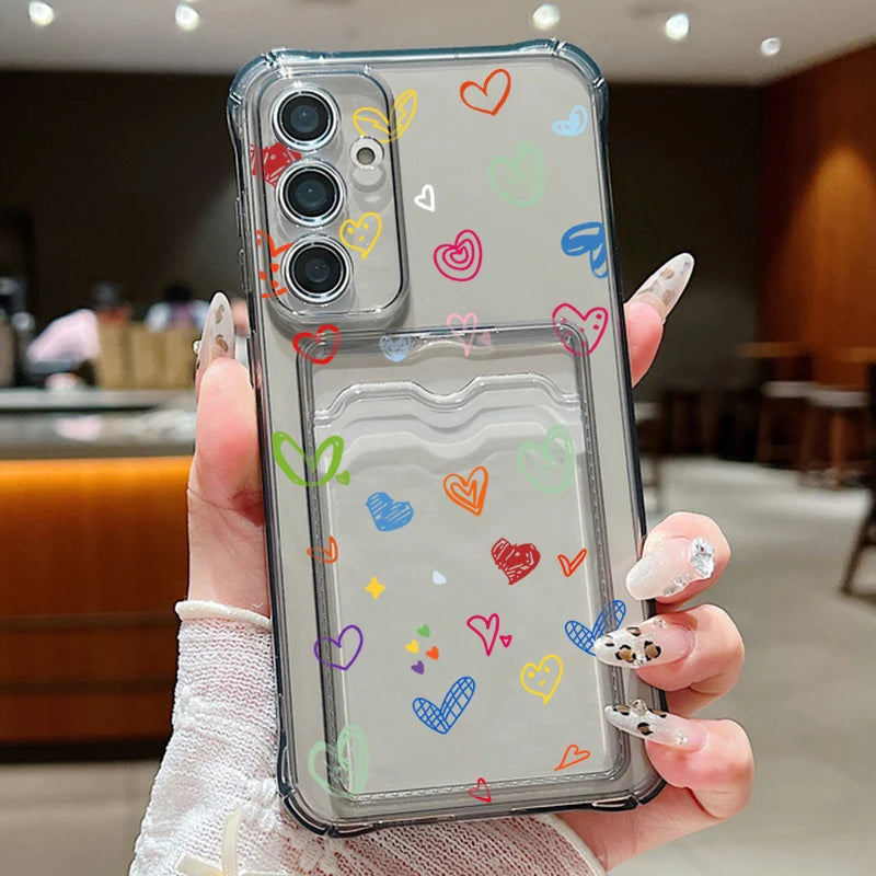 Colorful Love Card Bag Wallet Case For Samsung Galaxy S24 S23 FE S22 Ultra A16 A55 A35 A25 A15 A06 A05 5G Clear Soft TPU Cover