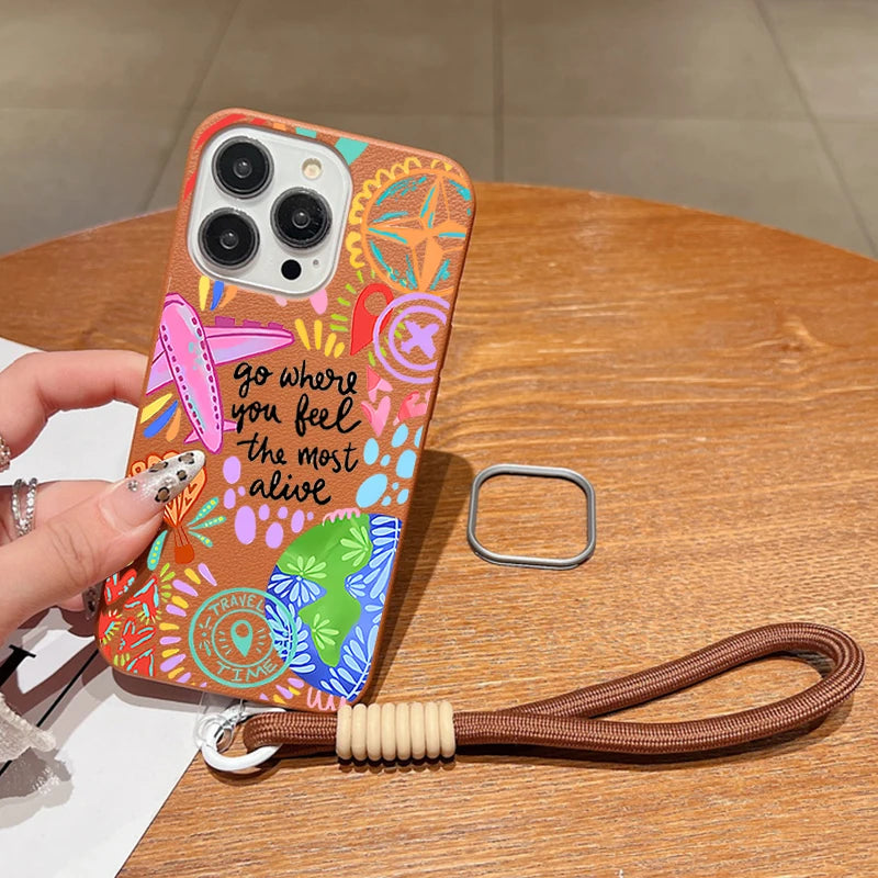 Wrist Strap Lanyard Phone Case For iPhone 17 16 15 Pro Max 14 15 Plus 13 12 Pro Max 11 Air Creative Pattern Soft Silicone Cover