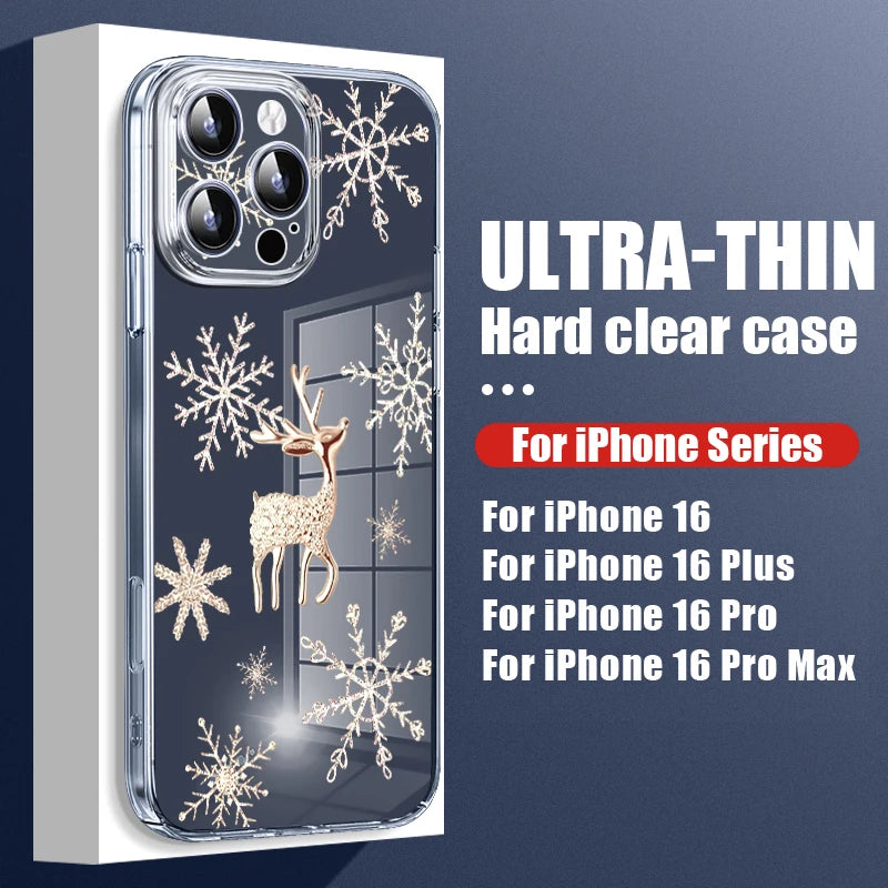 Transparent Hard PC Case For iPhone 17 Pro Air 15 14 13 12 16 Pro Max 16e 11 Crystal Clear Christmas Elk Pattern Phone Cover