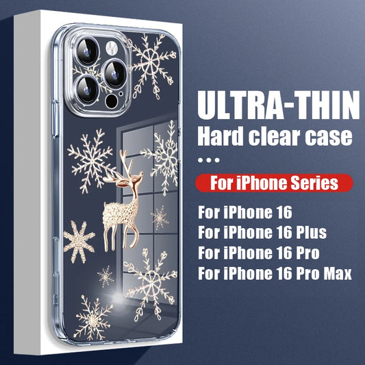 Transparent Hard PC Case For iPhone 17 Pro Air 15 14 13 12 16 Pro Max 16e 11 Crystal Clear Christmas Elk Pattern Phone Cover
