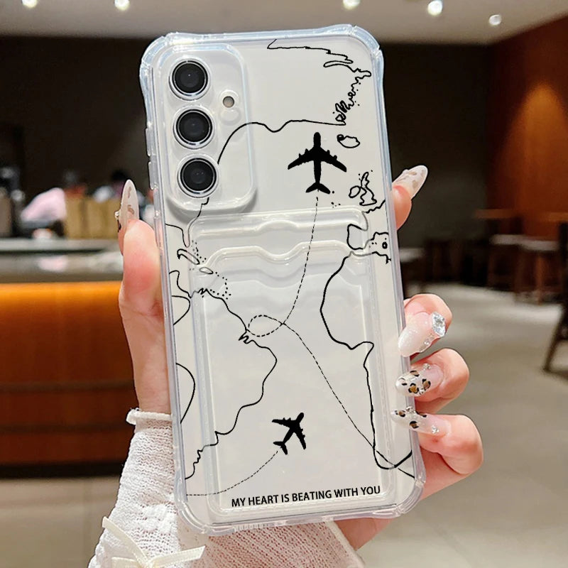 Air Route Card Bag Wallet Case For Samsung Galaxy S25 S24 S22 Ultra S23 FE A55 A35 A25 A15 A16 5G A06 A05 Soft TPU Phone Cover