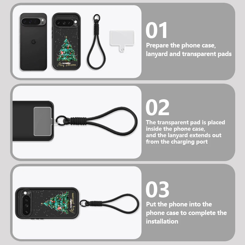 Christmas Tree Pattern Phone Case For Google Pixel 10 8 7 Pro 8A Pixel 9 Pro XL Soft TPU Wrist Strap Lanyard Silicone Back Cover