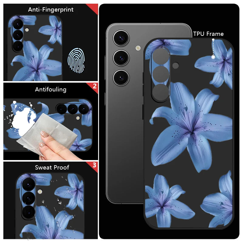 Soft TPU Phone Case For Samsung Galaxy S24 S25 FE S25 S23 S22 Ultra A17 A56 A16 A55 A25 A15 A36 A54 5G Blue Flower Print Cover
