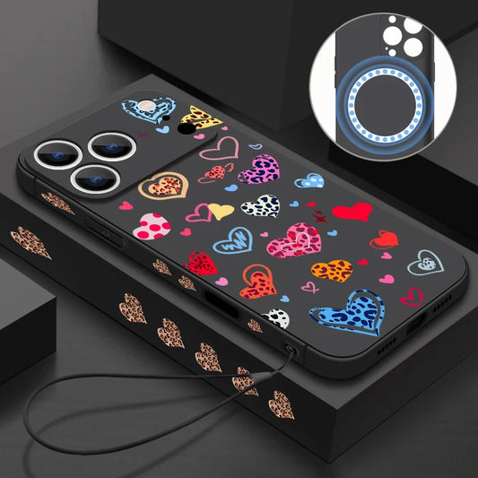 Magnetic For Magsafe Case For iPhone 17 Pro Max Air 16E 16 15 14 13 12 Pro Max 11 Colorful Love Heart Printed TPU Lanyard Cover