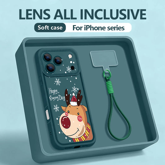 Cute Elk Printed Lanyard Phone Case For iPhone 17 Pro Max Air 16E 16 14 15 Pro 12 13 Pro Max 11 Soft TPU Wrist Strap Back Cover