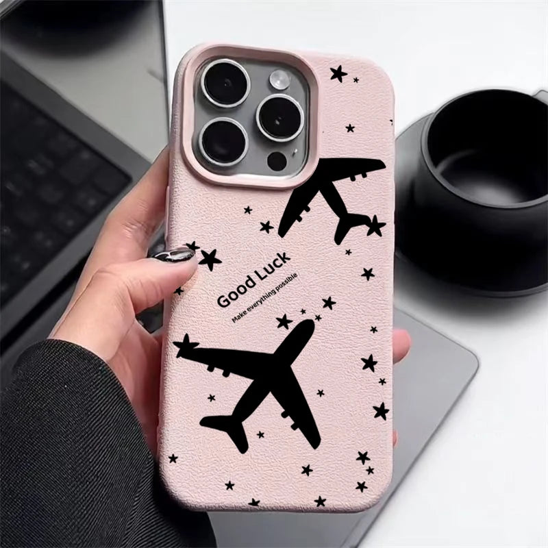 Airplane TPU Case For iPhone 16e 16 Pro Max 12 13 14 15 Pro Max 11 Shockproof Leather Texture Soft Silicone Phone Cover Fundas