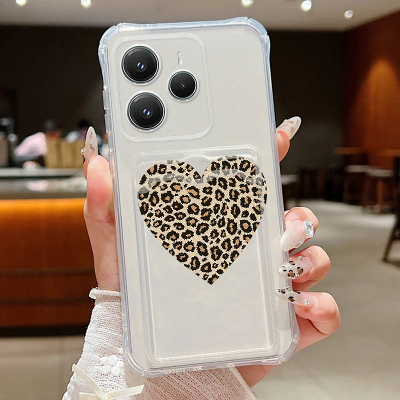 Card Slot Pocket Soft TPU Case For Xiaomi Poco X6 X7 F6 X5 Pro M6 Pro C65 Leopard Print Love Heart Pattern Silicone Phone Cover