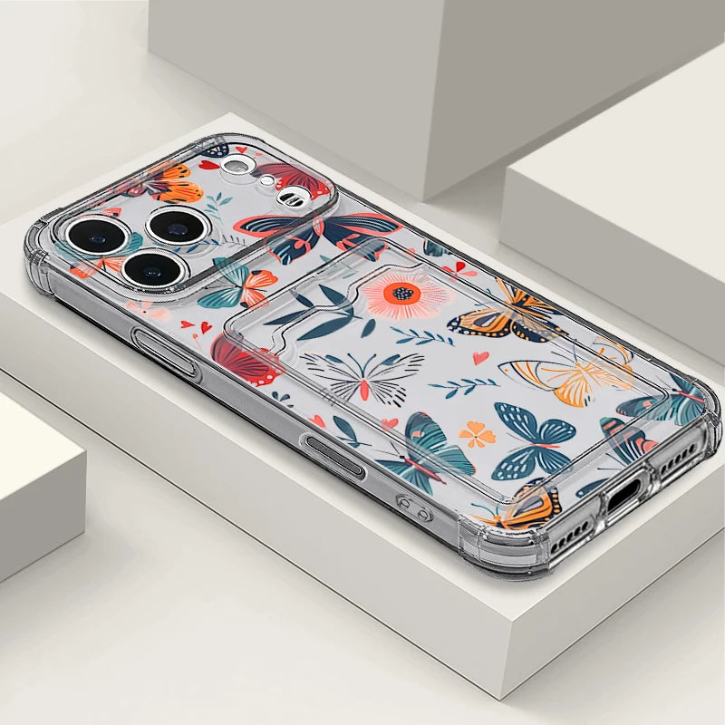 Card Slot Pocket Case For iPhone 17 16 Pro 15 14 13 Pro Max 11 Shockproof Pink Butterfly Pattern Soft Silicone Clear Phone Cover