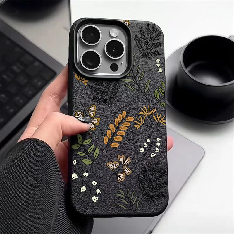 Leaves Pattern Soft Case For iPhone 17 Air 16e 16 15 14 13 12 Pro Max 11 Luxury Leather Texture TPU Silicone Phone Cover Fundas